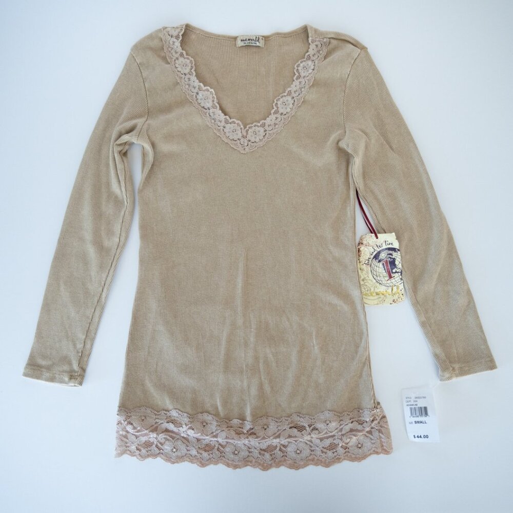 One World Khaki Lace Trimmed Ribbed V-Neck Shirt Y2K